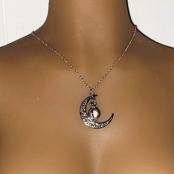 Crescent Moon with Luminous Caged Light Green Glowing Orb Pendant Silver Chain - Picture 3 of 12